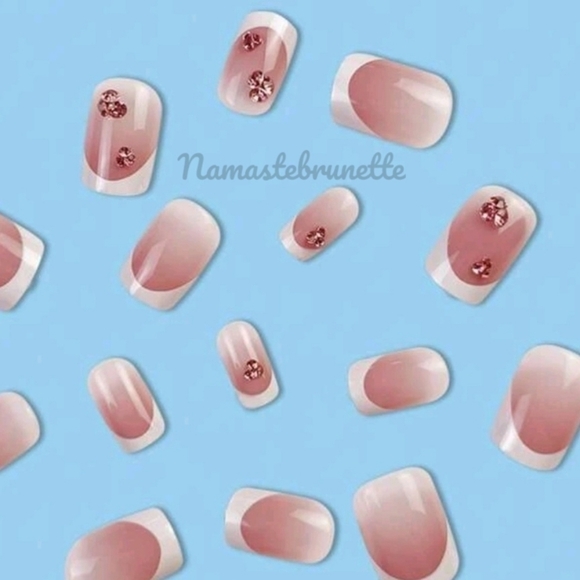 Pink Rhinestone French Manicure Press On Nails - Picture 3 of 13